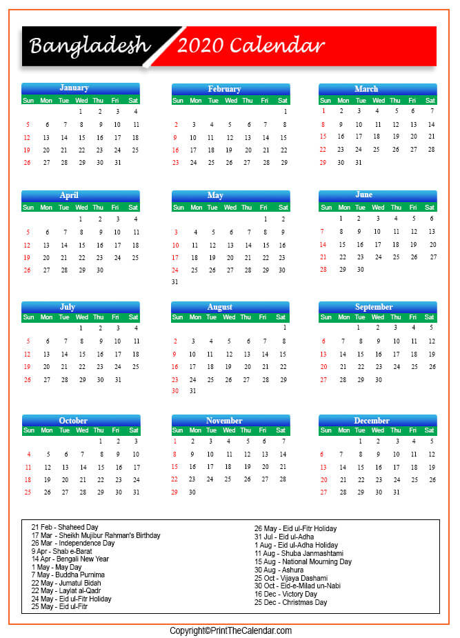 Bangladesh Public Holidays 2020